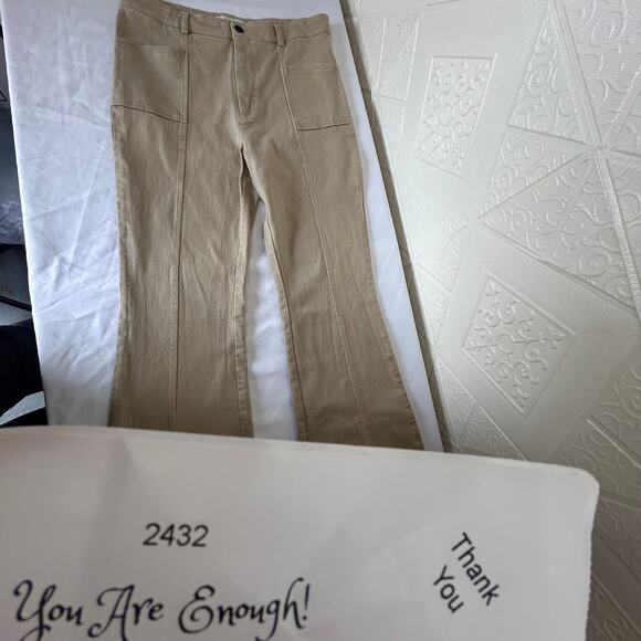 HYFVE Size Large tan slight bell bottom pants stretch see slit on bottoms decor - Picture 12 of 14